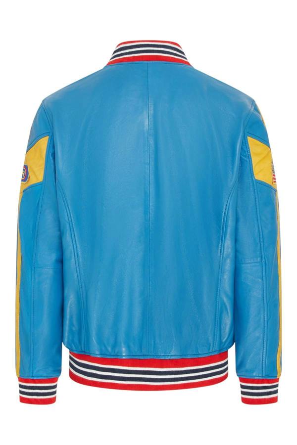 Infinity Leather Men's Blue Leather Track Racing Bomber Biker Jacket - Player