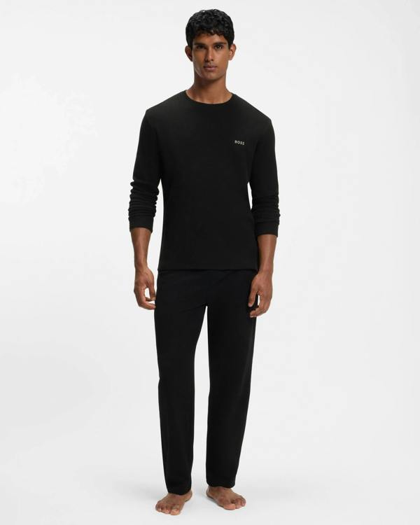 BOSS Orange Waffle Mens Ottoman pyjama T - Shirt with embroidered logo - Black 001 | CHO | Designer Mens,Pyjamas Loungewear & Robes,Pyjamas