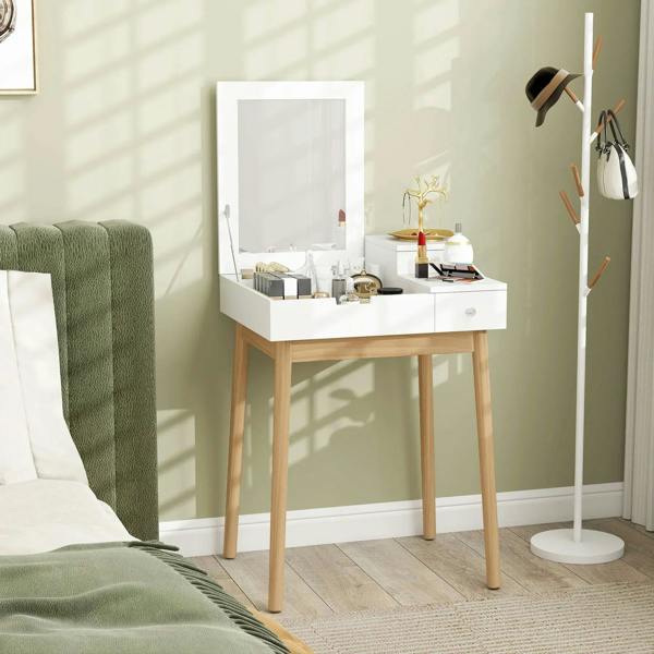 White vanity table with flip-up mirror and two drawers on pine legs
