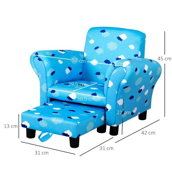 Blue toddler armchair with cloud-and-star pattern, high back, padded seat and arms
