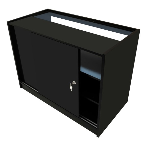 Theseus LED shop counter set in sleek black, featuring a sliding door, open shelf, and illuminated top for stylish display