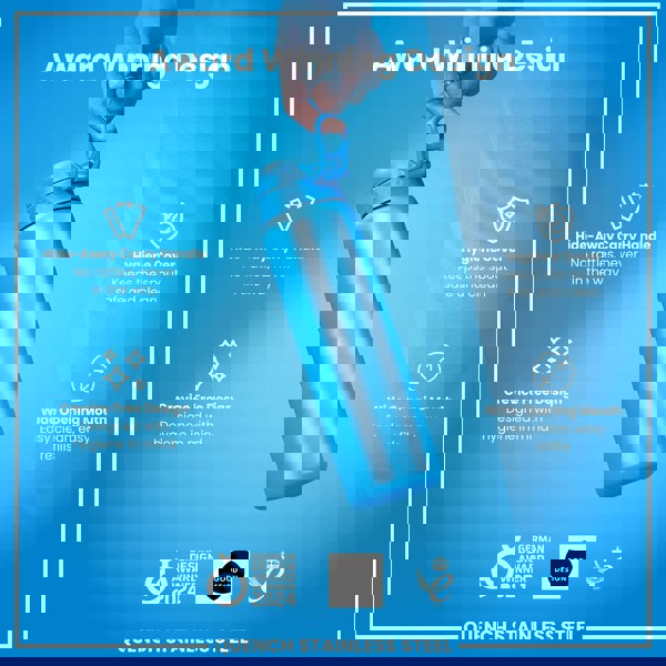 A hand holds a light-blue stainless steel water bottle against a light-blue background. The bottle features a hide-away handle, hygiene cover, and wide opening mouth. It is a German Design Award winner (2024) and a Good Design award recipient.