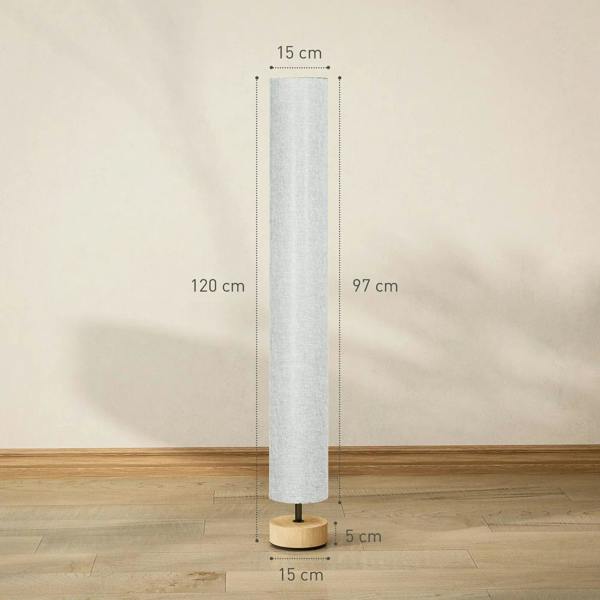 Grey linen floor lamp with round wooden base and height size diagram