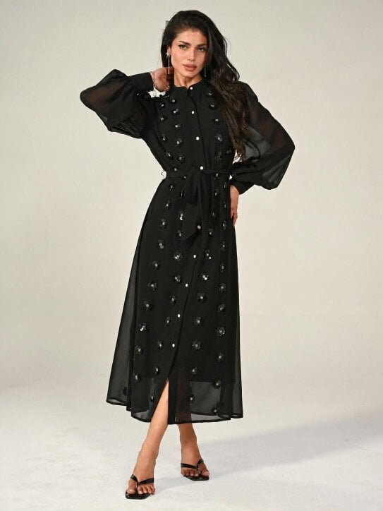 Rose & Nancy Morena Black Hand Embellished Midi Shirt Dress