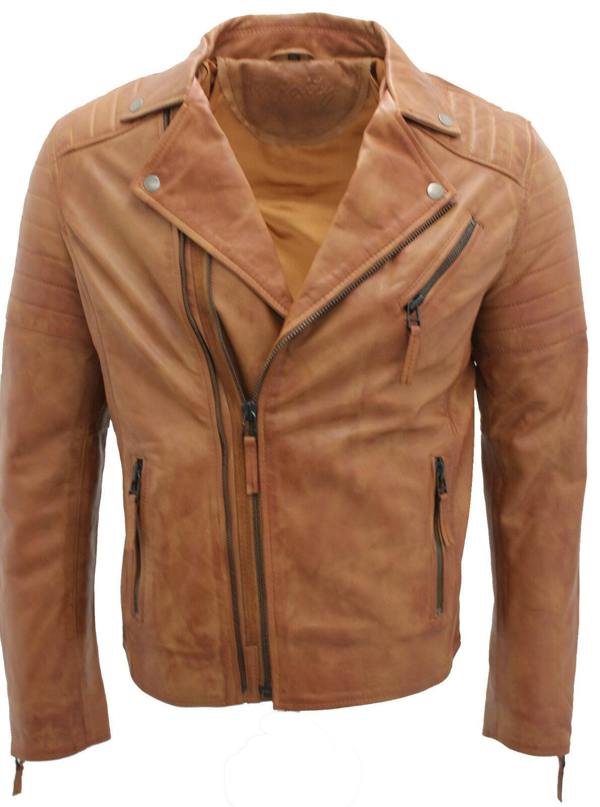 Infinity Leather Mens Slim Fit Brando Style Cross Zip Leather Biker Jacket