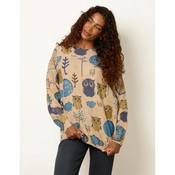 Blue Vanilla Owl & Woodland Tree Print Jumper