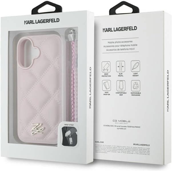 Karl Lagerfeld Quilted Initial Logo with Chain Strap Case for iPhone 16 6.1" Pink - KLHCP16SPSQSKLSMSP