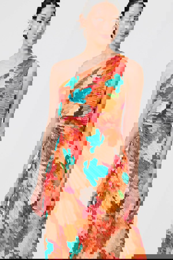 Orange | Floral One-Shoulder Pleated Maxi Dress