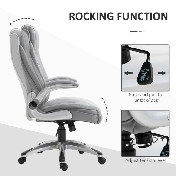 Grey swivel office chair with rocking mechanism, padded quilted seat and backrest