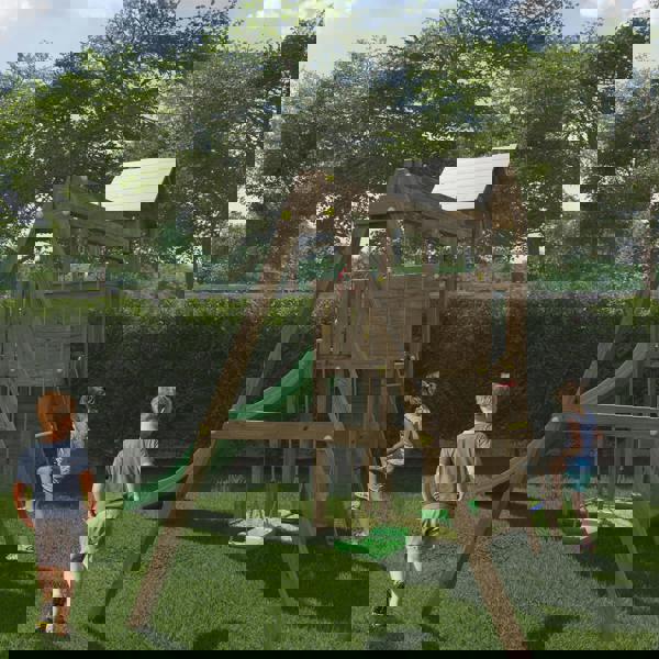 Boomer Climbing Frame Tower featuring Swings Slide sandpit and climbing wall - Best Shed