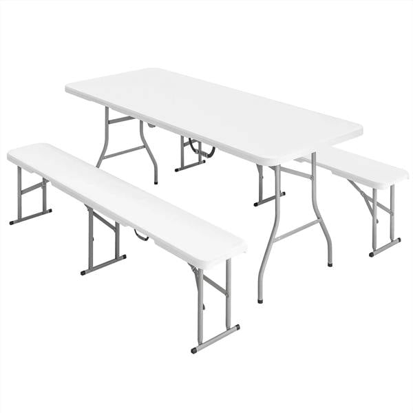 White folding picnic table set with two benches, rectangular tabletop and metal legs