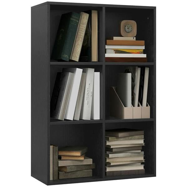 Six-cube bookcase with black wood-effect finish, six open storage cubbies