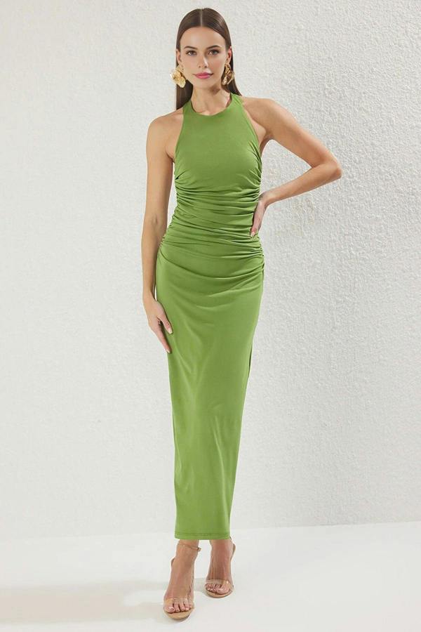 WOVCOR Draped Midi Dress with Twist Detail Stretchy Knit