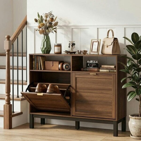 Bobobiy Shoe Cabinet with 2 Flip Drawers, Narrow Shoe Storage Top for Entryway Hallway, Rustic Brown