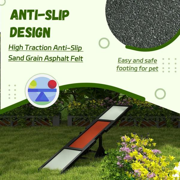Black wooden dog seesaw with textured anti-slip surface and orange center strip