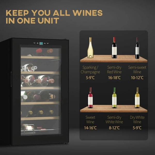 Black wine cooler fridge with glass door and wine temperature guide graphic