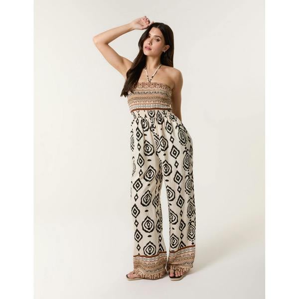 Blue Vanilla Print Strapless Bandeau Shirred Jumpsuit