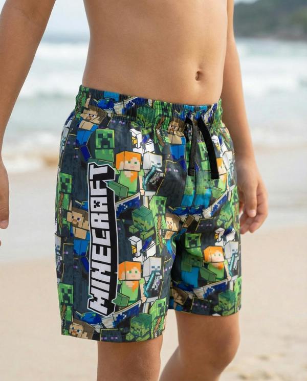 Vanilla Underground Minecraft Boys Green Oversized Character Swim Shorts