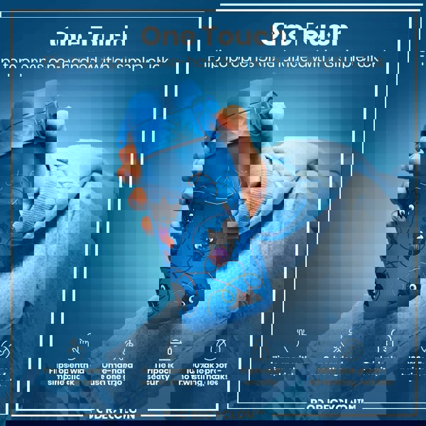 A blue water bottle, featuring a flip top, is being held. The top opens one-handed. It's illustrated with playful kittens and yarn, against a blurred background. "One Touch. Flip top opens one-handed with a simple click. Flips open with a simple click. One-handed use on the go. Triple lock security. 100% leak proof - no twisting, no leaks. POD RECYCLON™"