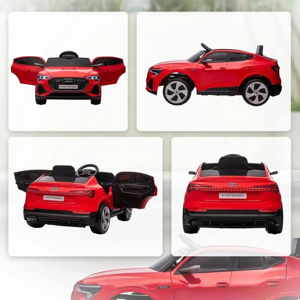 Red kids electric ride-on car shown from multiple angles: front, side, and rear