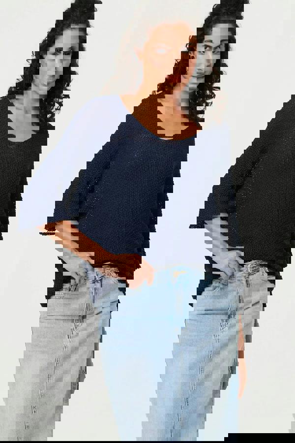 Navy | Sheer Mesh Texture 3/4 Sleeve Jumper