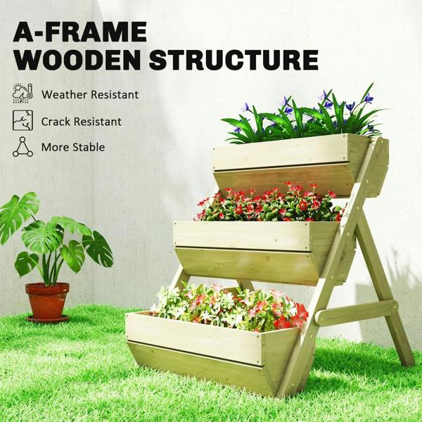 Three-tier wooden elevated planter box showing weather-resistant, crack-resistant benefits