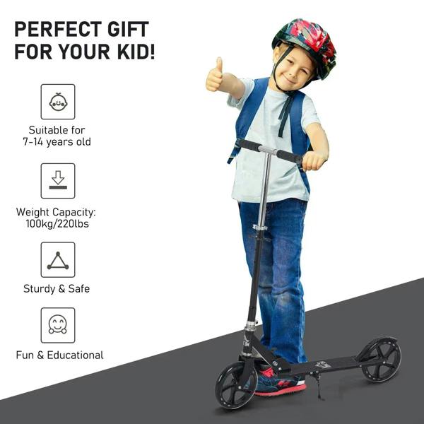 Kids kick scooter with black deck, front and rear wheels, and height-adjustable bar