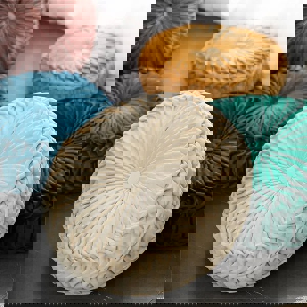 ANYHOUZ Round Pleated Velvet Pillow Soft Cushion Fill