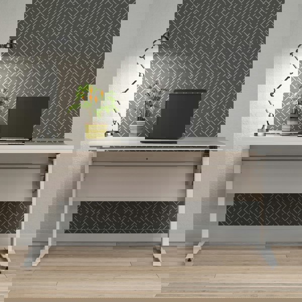 Furniture To Go Prima Desk 150 cm in White with Height adjustable legs with electric control in Silver grey steel