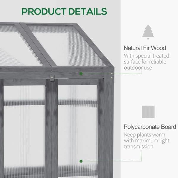 Grey greenhouse frame with clear polycarbonate panels and twin roof windows