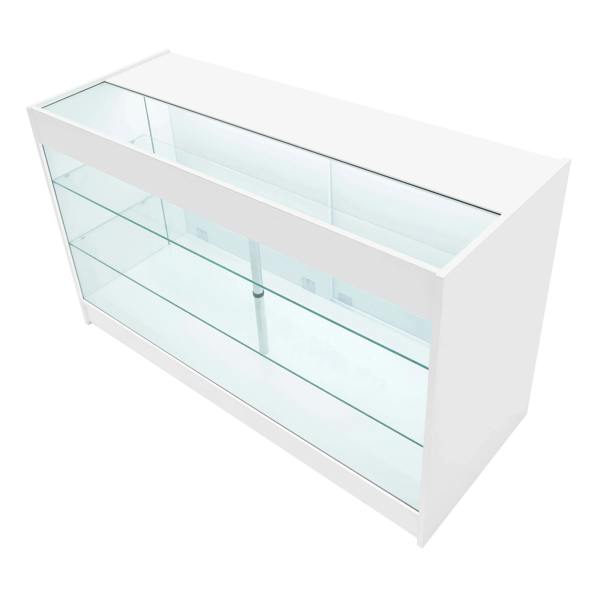 Sleek white LED retail shop counter K1500 with glass shelves and a modern design, ideal for showcasing products in stores