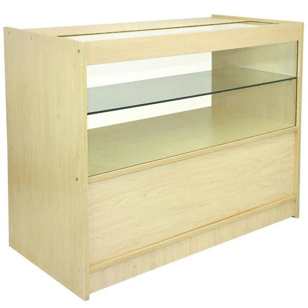 Light maple wood retail display counter with glass shelves, featuring a smooth finish and spacious storage drawer for organized merchandising