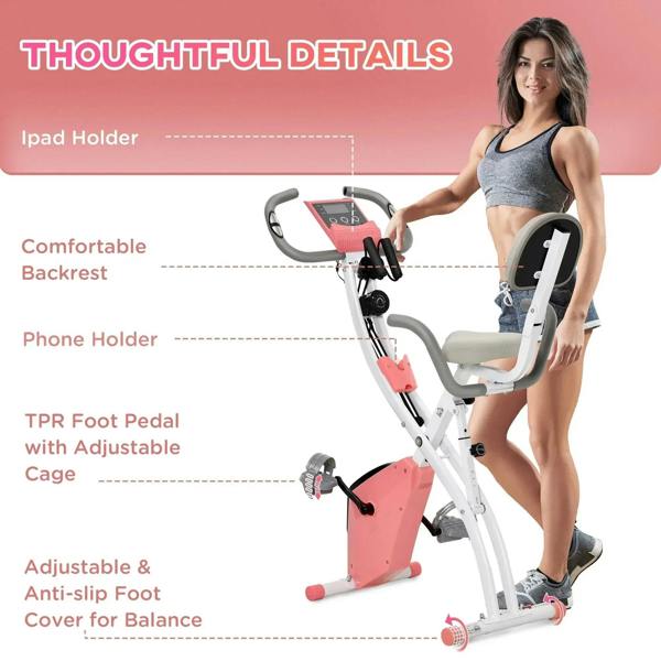 Pink folding exercise bike with tablet/phone holders and adjustable anti-slip TPR pedals