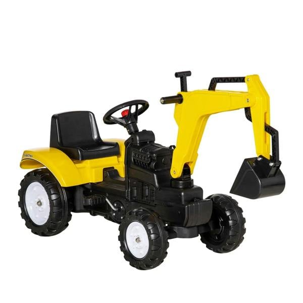 Kids yellow pedal digger ride-on with black seat, steering wheel, and front bucket