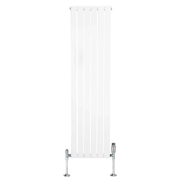 Flat single column radiator in white, 1600mm x 420mm, featuring sleek vertical lines and chrome valves for modern interiors