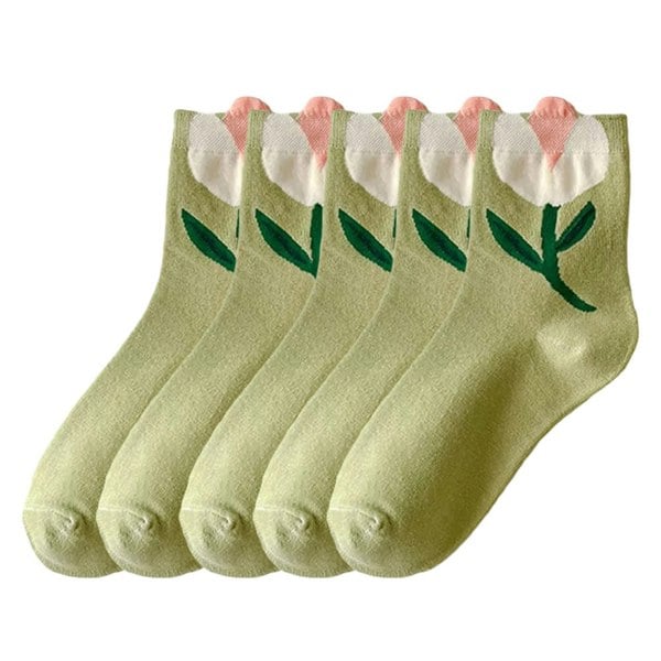 Anyfootwear 5 Pairs One Size 5-8 Green Tulips Style Cartoon Flower With Candy Color Kawaii Mid Tube Breathable Casual Short Socks For Women