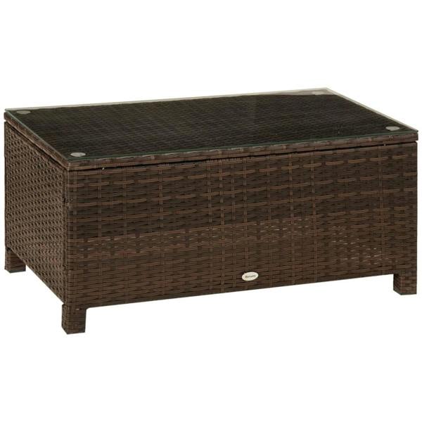 Brown PE rattan garden coffee table with clear glass tabletop.