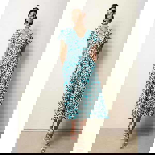 Blue Vanilla Printed V Neck Frill Sleeve Midi Dress