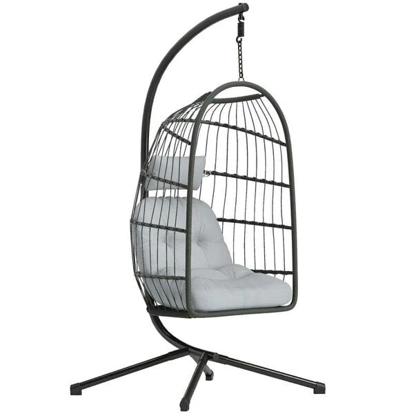 Hanging Egg Chair, Indoor Outdoor Hammock Swing Chair with Stand, Safety Strap, Foldable Basket, Dark/Light Grey