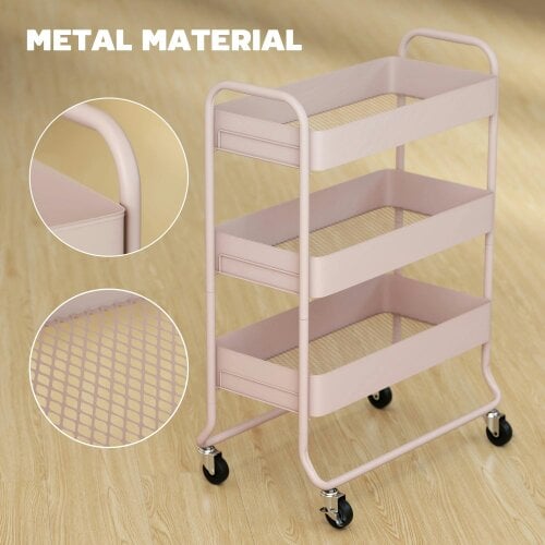 Wyld Haus Noluli Doha Metal Light Pink 3 Tier Rolling Utility Trolley With Mesh Baskets