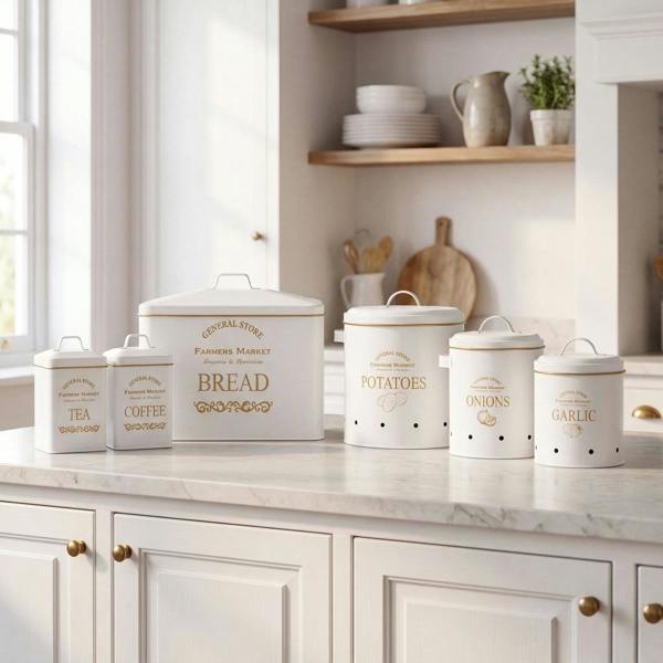 Maison des Cadeaux 7-Piece Set Canisters Bread Tea Coffee Sugar Veg Bins -General Store Farmhouse