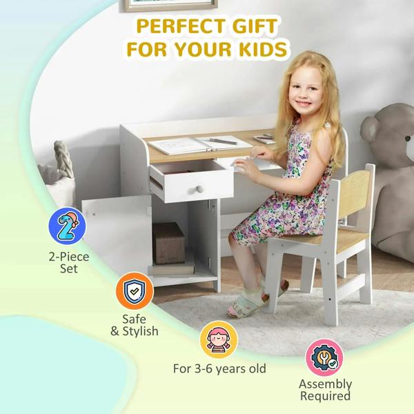 White kids desk and chair set with kid at desk and storage drawer