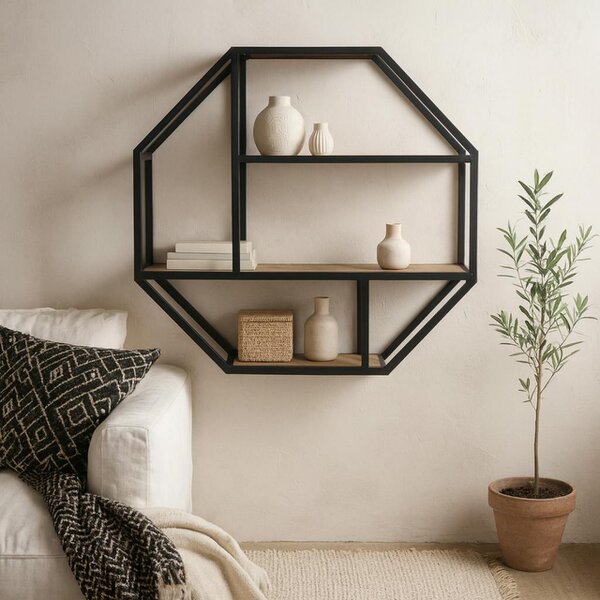Wyld Haus El Paso Black Metal and Wild Oak Veneer Octagonal Wall Shelf 4 Black Wooden Shelves