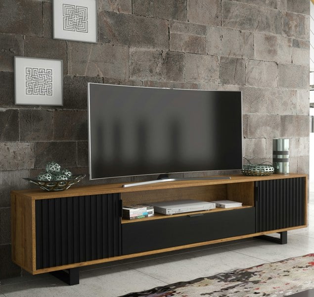 Mex Furniture Milled 200cm TV Unit with Oak Matt Body and Black Milled-Front Doors