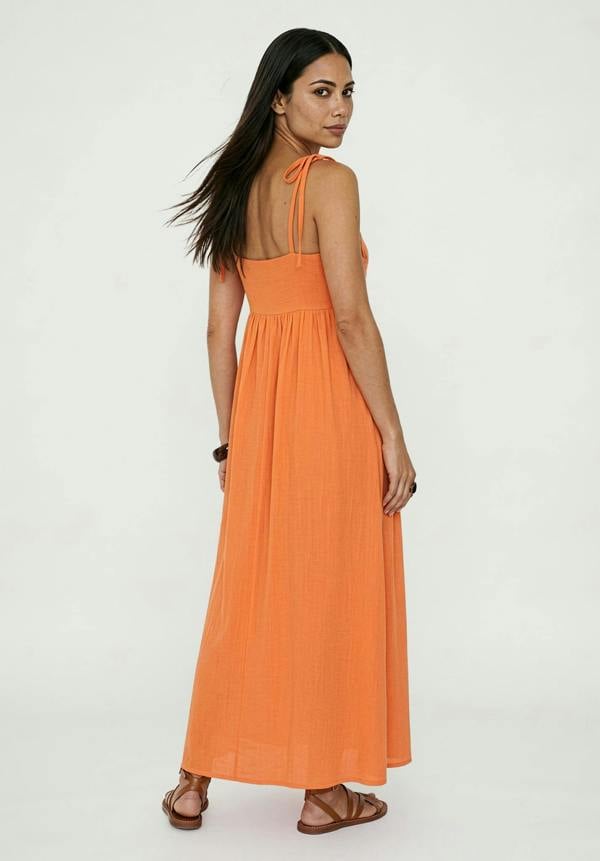 Raffya Furla Smocked Panel Embroidered Midi Dress In Coral