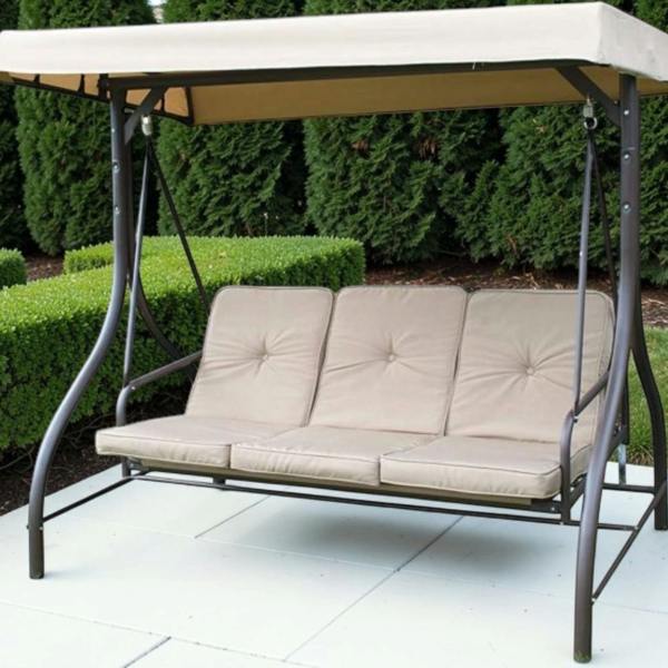 Heavy Duty Garden 3 Seater Swing Seat and Hammock Bed with Canopy, Steel Frame and Textaline Base, Thick Shower Proof Cushions