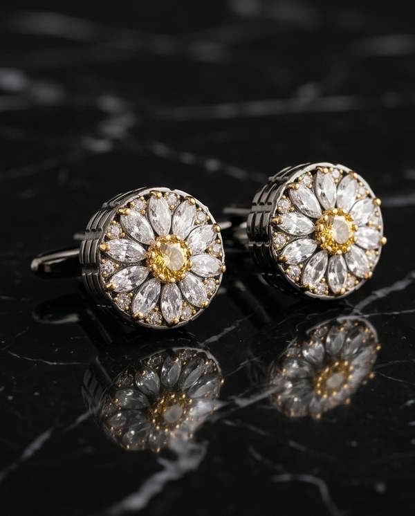Pair of diamond cufflinks on a reflective black surface