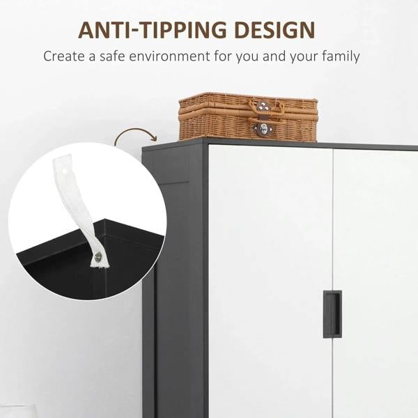 Black and white wardrobe corner detail with anti-tipping strap attachment