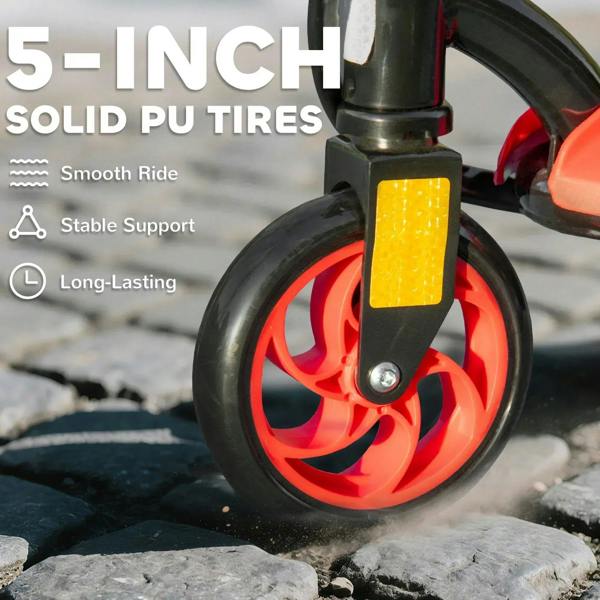 Red front wheel with black tire and metal fork on an electric scooter.