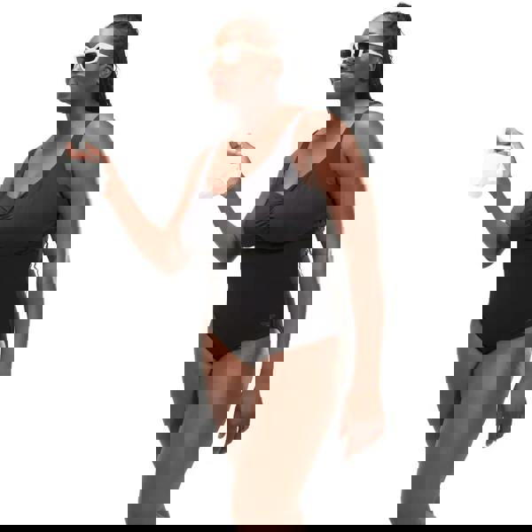 Plus size Speedo Shaping AquaNite swimsuit in black with charcoal one-piece, ruched neckline, white trim, and medium bust support